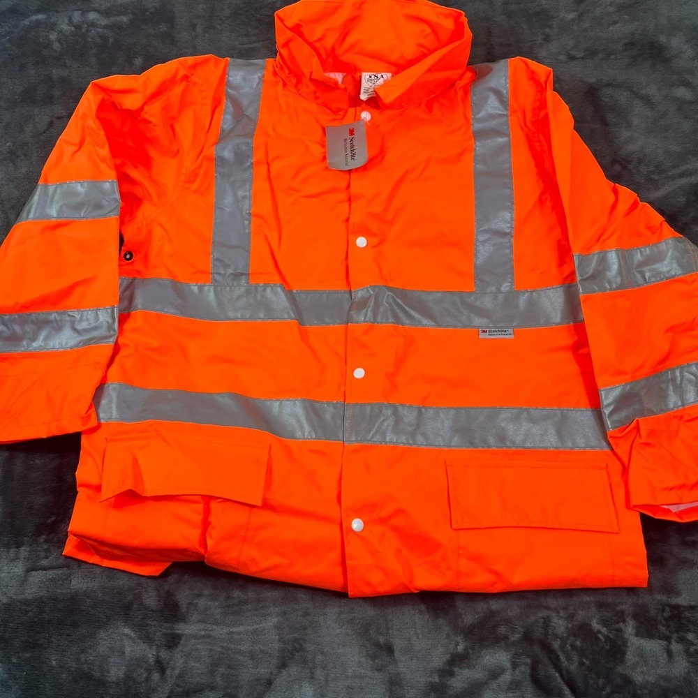 Scotchlite NTSA R44-HVOR Reflective Rain Jacket Orange Pockets Size Medium